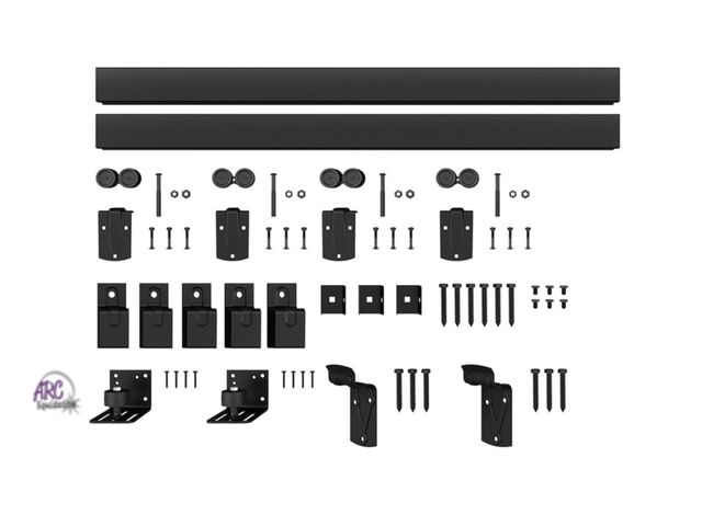 Lot 56-268850 - New in box 8FT Black Box Rail Exterior Barn Door Hardware Kit for 2 Doors, Sliding Heavy Duty Barn D...