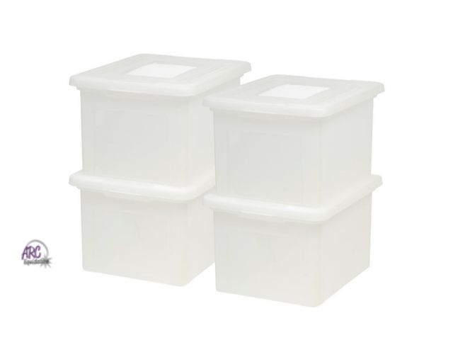 Lot 56-541317 - NEW-LOT OF 4-SOME CRACKS IN LID-clear bins and lids-15"x12"