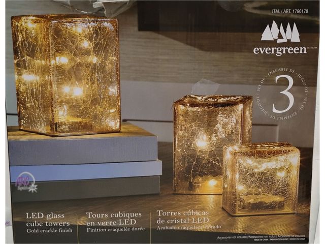 Lot 56-521840 - NEW-TALLEST ONE DOES NOT LIGHT UP Evergreen 3 Piece LED Glass Cubes with Clear Crackle Finish, Timer...