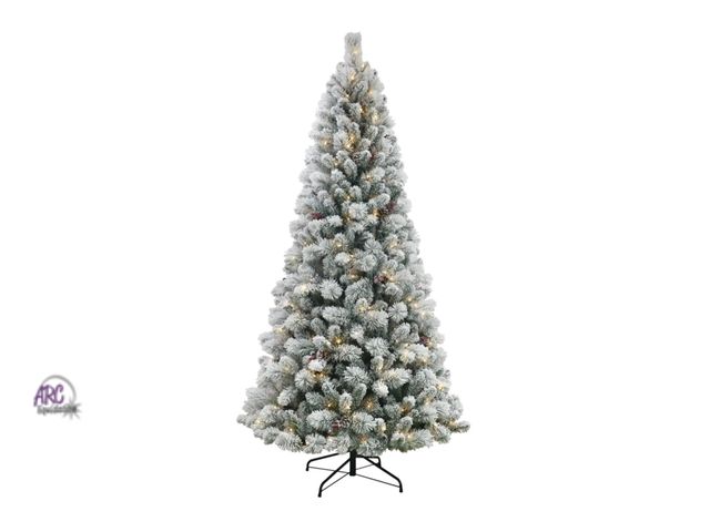 Lot 56-618630 - New tested and works - Holiday Time 7.5 ft Pre-Lit Flocked Lakewood Spruce Artificial Christmas Tree...