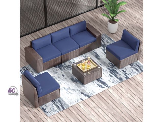 Lot 56-155550 - New in Box Bapipro 6 -Piece Rattan Patio Sofa**Cushions**Conversation Set - Navy Blue Cushions (20.2...