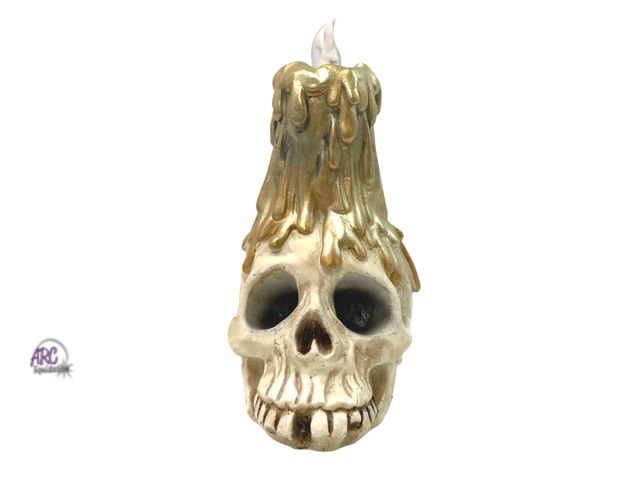Lot 56-196719 - New Halloween Plastic Skull Melting Candle Decoration (Gold) (9x4.5”)