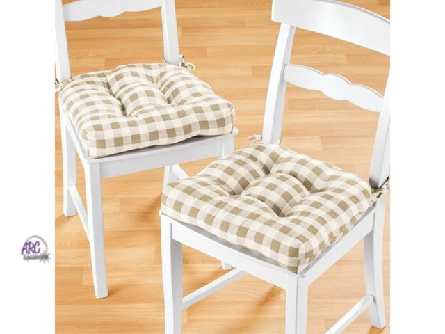 Lot 56-266425 - NEW Achim Buffalo Check Polyester/Cotton Tufted Chair Seat Cushions - Taupe - Set of 6