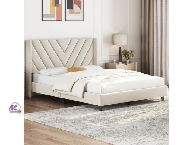 Lot 56-274950 - New in box Yaheetech Upholstered Platform Bed Frame with Wooden Slat Support, Beige(Queen) retails $...