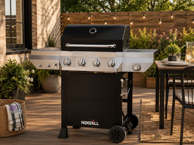 Lot 56-785964 - New in box. Nexgrill 4-Burner Gas Grill with Side Burner in Black. Parts are loose in box. Checked a...