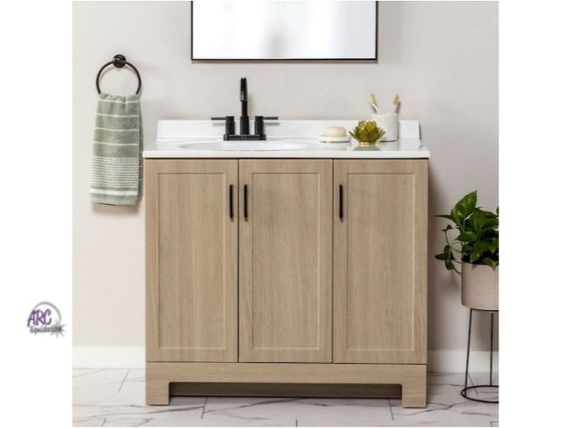 Lot 56-760861 - New in box. Retail $359 Oakley 37 in. Single Sink Beige Oak Freestanding Bath Vanity with White Cult...