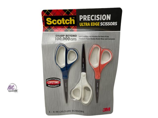 Lot 56-126460 - New Scotch Precision Titanium Fused Scissors, 8" - 3 Pack (Red/White/Blue)