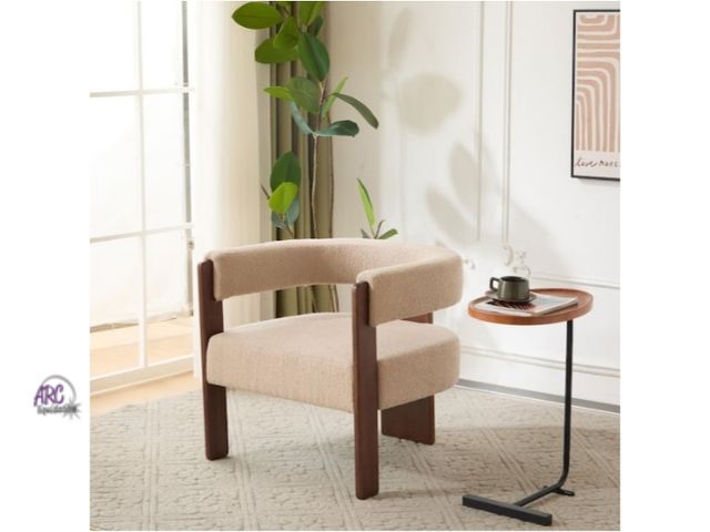 Lot 56-778338 - New in box. Light Camel Boucle Upholstered Arm Chair with Solid Rubber Wood Legs