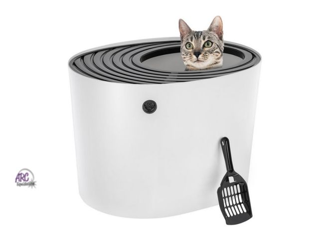 Lot 56-790814 - New IRIS Top Entry Cat Litter Box with Scoop | Stylish Round Enclosed Design, White/Black