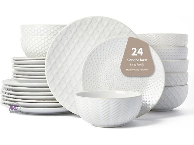 Lot 56-791240 - New 24 Piece Dinnerware Sets for 8, Premium Stoneware Plates and Bowls Sets, Microwave &amp; Dishwas...