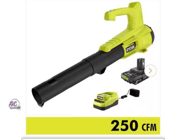 Lot 56-607123 - New, open box RYOBI ONE+ 18V 90 MPH 250 CFM Cordless Battery Leaf Blower/Sweeper with 2.0 Ah Battery...