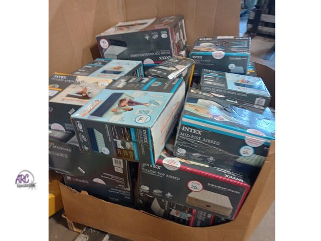 Lot 56-795940 - Untested pallet of 25+ air mattresses and 9 blow up kid pools. Different sizes and styles. All are n...