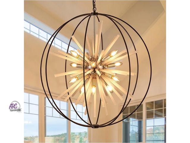 Lot 56-758451 - New in box. 31.5" Black Gold Large Globe Sputnik Chandelier, 12-Light Mid Century Modern Industrial ...