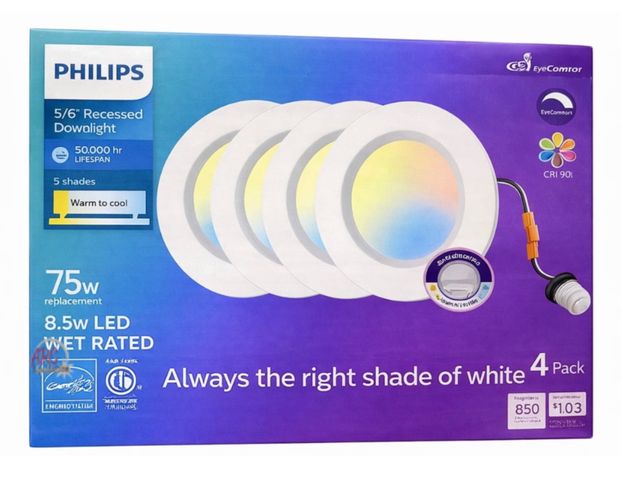 Lot 56-632650 - New - Philips 5/6" LED Recessed 4-Pack – Adjustable White (2700K–5000K), 75W Replacement, Fits 5” &a...