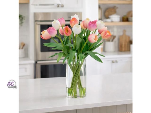 Lot 56-126160 - New Nearly Natural Artificial Faux 20” Tulip Arrangement Decoration (Pink/White) Missing 2 bulbs
