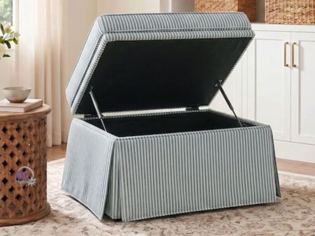 Lot 56-633764 - New Opened Box - Uixe Pinstripe Blue Chenille Rectangle Storage Ottoman