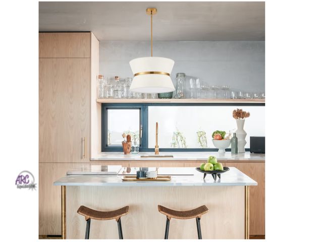 Lot 56-332651 - New in box Modern Chandelier with Off-White Fabric Shade and Brass Finished Adjustable Pendant Light...