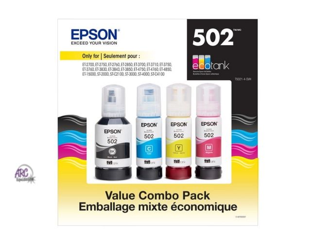 Lot 56-779364 - New open package. Epson T502 EcoTank Ink Bottles BK/C/Y/M, Club Pack