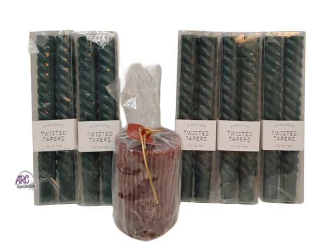Lot 56-509634 - NEW-Five sets of two 8" unscented twisted tapers candles (green), one red wavy pillar candle unscent...