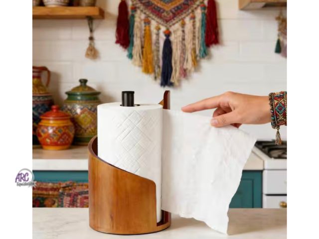 Lot 56-614061 - New Open box - 10.23 in. x 6.53 in. Natural Mango Wood Round Base and Iron Paper Towel Holder for Ki...