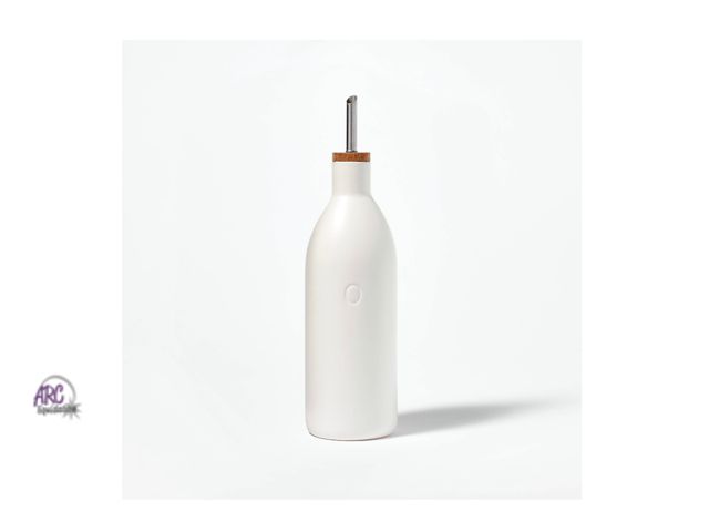 Lot 56-165633 - New Figment Ceramic Oil Pour Bottle Cream Stoneware Oil Dispenser with Stainless Steel &amp; Wood Li...