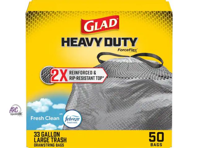 Lot 56-400765 - Open Damaged Box - Glad - 33 Gal. Heavy Duty 2x Reinforced and Rip Resistant Top Large Drawstring Ou...