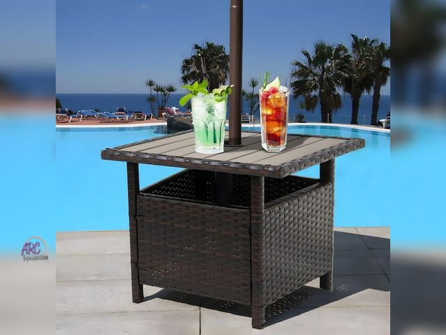 Lot 56-758561 - New in box. Wicker Rattan Patio Side Table Outdoor Furniture for Garden, Pool, Deck with Umbrella Ho...
