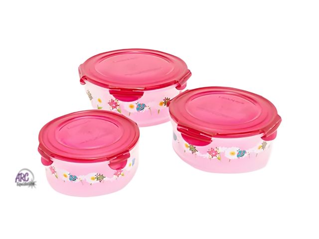 Lot 56-385412 - New,LocknLock 3-Pc Nestable Nostalgic Ladybug Printed Canisters,Berry Colored Lids