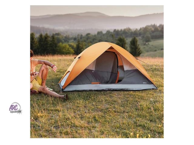 Lot 56-188118 - New Amazon Basics Camping Tent, 3-Season Dome Design with Rainfly (Gray/Orange)