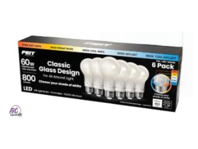Lot 56-446760 - New Open Box - Tested  Works - (6-pack) Feit Electric 60W Replacement 5-CCT LED Classic Glass A19 Bu...