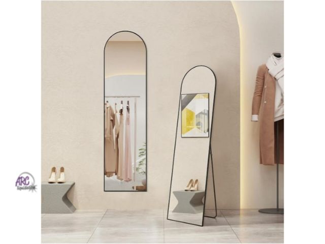 Lot 56-787523 - New 16 in. W x 59 in. H Aluminum Alloy Frame Black Arched Floor Mirror with Floor Stand and Wall Mou...