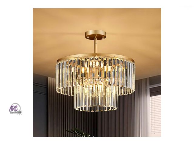 Lot 56-265150 - New 17.7" Gold Semi Flush Mount 2-Tier Crystal Ceiling Light Fixtures for Dining Room Modern Industr...