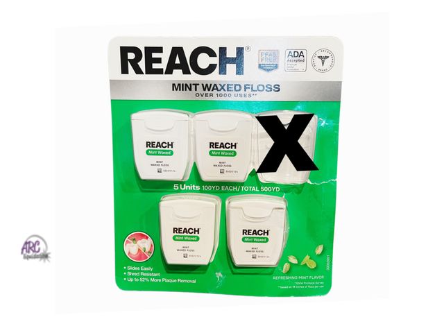 Lot 56-363564 - New open package Reach Mint Waxed Dental Floss, 4 pack, 400 Yards Total