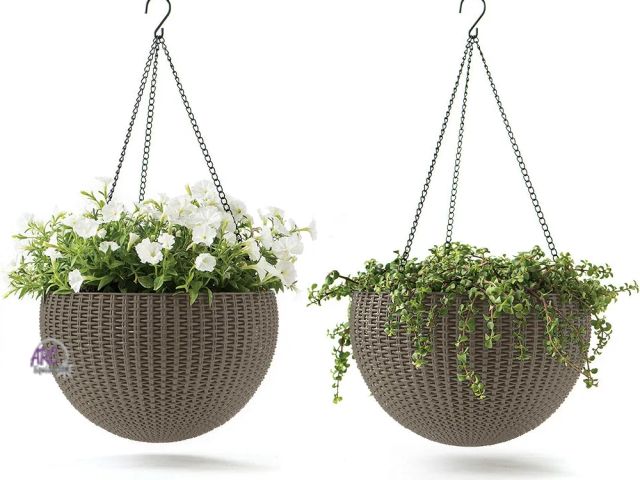 Lot 56-565098 - NEW-Keter Resin Taupe Rattan Set of 2 Round Hanging Planter Baskets for Indoor and Outdoor Plants