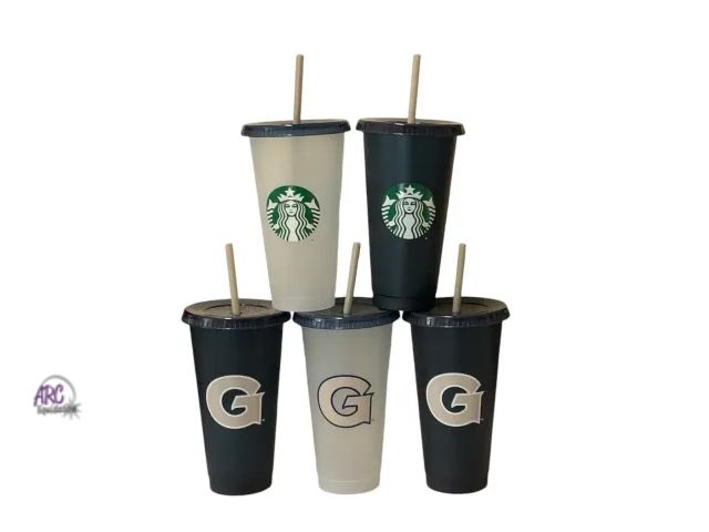 Lot 56-368298 - New,5 Pk Starbucks Campus Collection GEORGETOWN Reusable 24 Oz Cold Cups Lids Straws