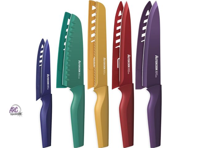 Lot 56-502324 - NEW-MISSING 1 BLADE-10 PIECES INCLUDED-Astercook kitchen knives set with sheath-various colors