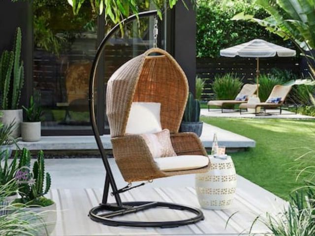 Lot 56-641965 - New In Box - Melrose Park Closed Weave Wicker Egg-Shaped Patio Swing with Biscuit Cushions