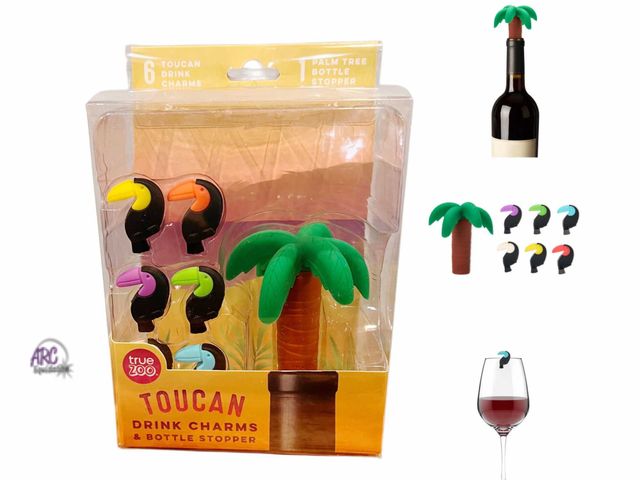 Lot 56-329560 - New lot of 24, Toucan Drink Charms &amp; Palm Tree Bottle Stopper Great for your next Laui or party