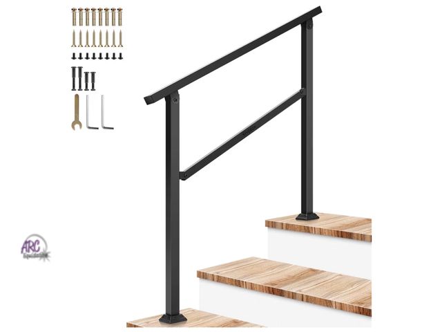 Lot 56-637251 - New - VIVOSUN Outdoor Handrail, 3 Step Stair Handrail, 40" x 36" Fits 1 to 3 Steps, Wrought Mattle I...