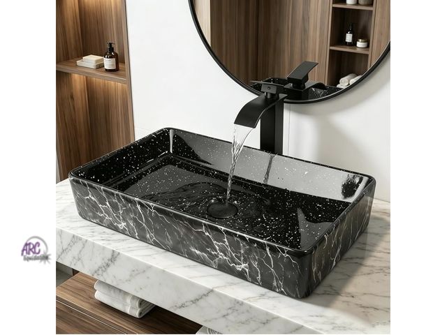 Lot 56-269350 - New 24 Inch Ceramic Bathroom Vessel Sink Above Counter with Faucet and Drain Combo, Black Rectangle ...