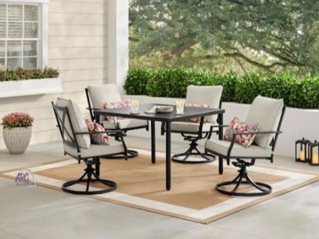 Lot 56-758060 - New open box. ( Missing 12 bolts) Retail $649 Hampton Bay Cookson Black 5-Piece Metal Outdoor Dining...
