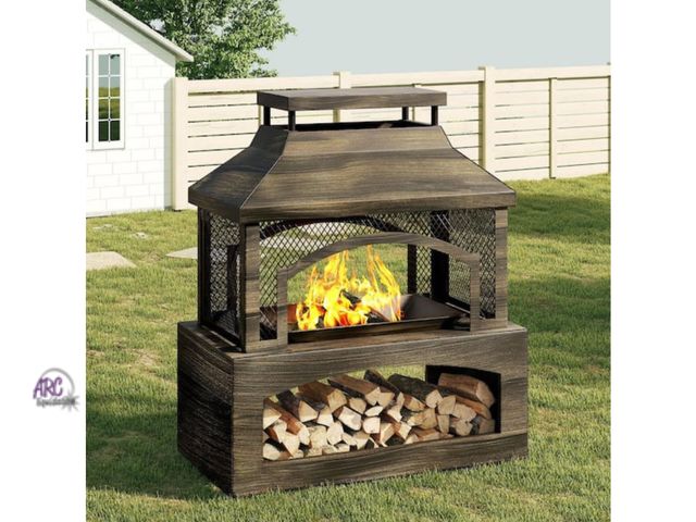 Lot 56-691845 - New - Bestier 37 in. Steel Outdoor Wood Burning Fireplace with Wood Storage Rectangular Freestanding