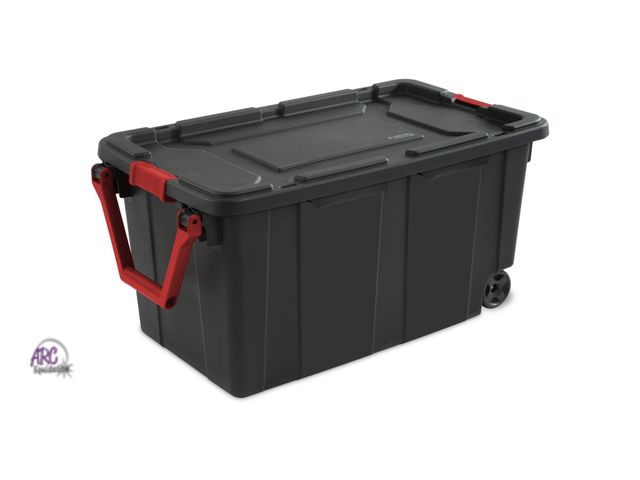 Lot 56-390913 - New,Sterilite Extra Large Storage Bin, 40 Gallon Wheeled Plastic Storage Container with Handle, Blac...