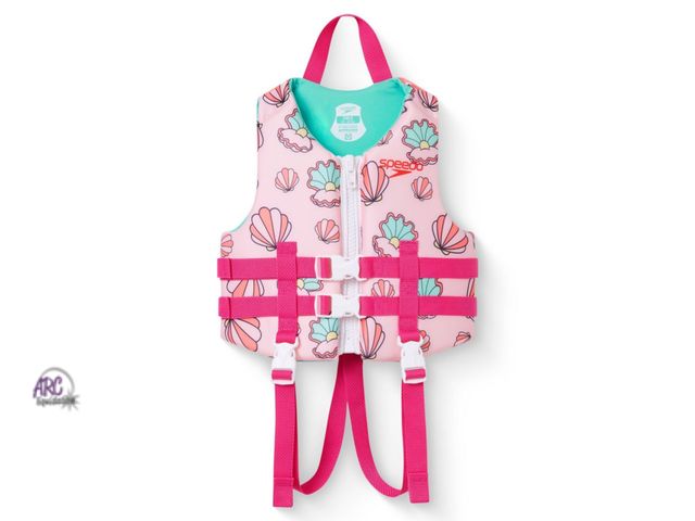Lot 56-121060 - New Speedo Pearly Toss Kids' Life Jacket Vest - Pink Shell Design (30-50lbs)