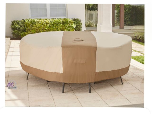 Lot 56-433360 - New in Box - 94" DIA X 27" H - Brown and Beige - Hampton Bay Universal Table and Chair patio cover