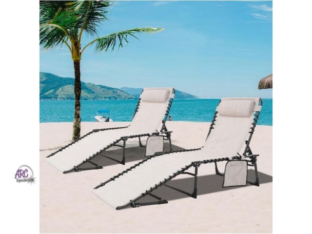 Lot 56-757160 - New in box. 2-Piece Outdoor Folding Chaise Lounge Chairs Fully Flat for Beach with Pillow and Side P...