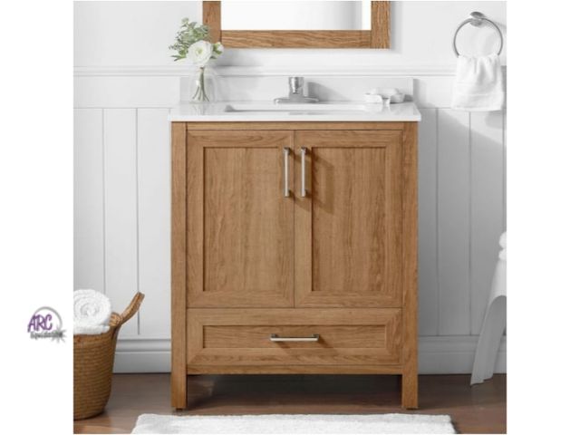 Lot 56-761061 - New / damage top chip and crack Moorside 30 in. Single Sink Freestanding Sweet Maple Bath Vanity wit...