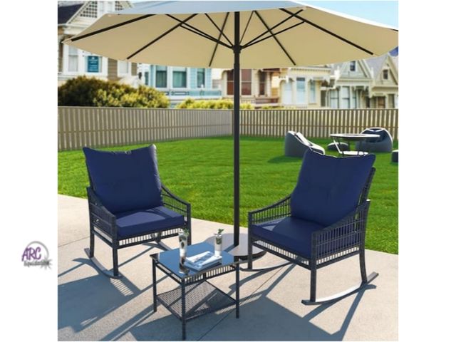 Lot 56-790065 - New in box.Navy Blue 3-Piece Patio Wicker Outdoor Rocking Chair Set with Cushions and Pillows