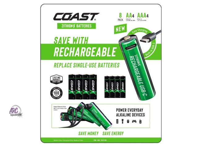 Lot 56-148250 - New Coast Zithion-X AA/AAA USB-C Rechargeable Lithium Batteries 8 Pack