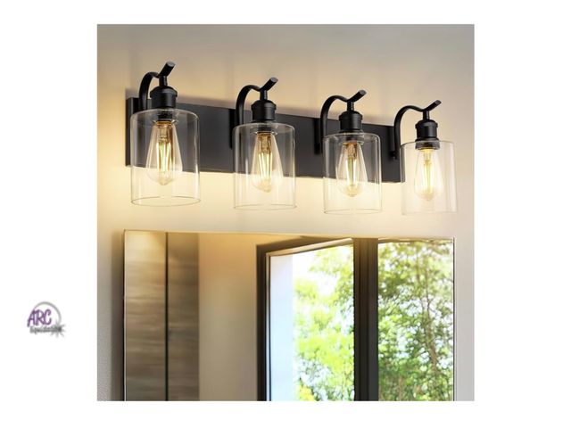 Lot 56-270250 - New in box 4-Light Black Bathroom Light Fixture Over Mirror, Modern Vanity Light, Clear Glass Wall S...